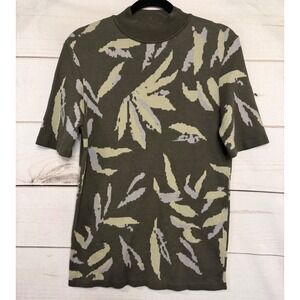 ASOS DESIGN Womens Olive Green Abstract Leaf Knit Mock Neck T-Shirt Size M‎